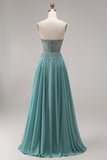 Eucalyptus Appliqued Corset Sweetheart A Line Long Prom Dress with Slit