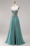 Eucalyptus Appliqued Corset Sweetheart A Line Long Prom Dress with Slit