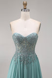 Eucalyptus Appliqued Corset Sweetheart A Line Long Prom Dress with Slit