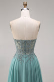 Eucalyptus Appliqued Corset Sweetheart A Line Long Prom Dress with Slit