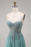 Eucalyptus Appliqued Corset Sweetheart A Line Long Prom Dress with Slit