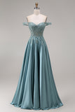 Off The Shoulder Agave Beaded A Line Satin Long Prom Dress with Appliques