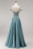 Off The Shoulder Agave Beaded A Line Satin Long Prom Dress with Appliques
