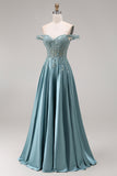 Off The Shoulder Agave Beaded A Line Satin Long Prom Dress with Appliques