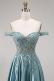 Off The Shoulder Agave Beaded A Line Satin Long Prom Dress with Appliques