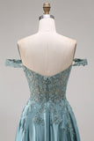 Off The Shoulder Agave Beaded A Line Satin Long Prom Dress with Appliques