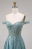 Off The Shoulder Agave Beaded A Line Satin Long Prom Dress with Appliques