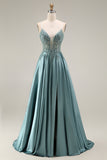 Agave Spaghetti Straps Sequin Appliqued A Line Long Prom Dress with Slit