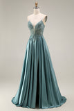 Agave Spaghetti Straps Sequin Appliqued A Line Long Prom Dress with Slit
