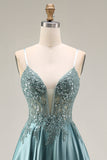 Agave Spaghetti Straps Sequin Appliqued A Line Long Prom Dress with Slit