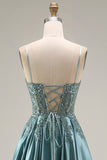 Agave Spaghetti Straps Sequin Appliqued A Line Long Prom Dress with Slit