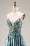 Agave Spaghetti Straps Sequin Appliqued A Line Long Prom Dress with Slit