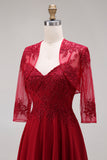 Burgundy Appliqued Beaded A Line Prom Dress with Cape