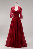 Burgundy Appliqued Beaded A Line Prom Dress with Cape