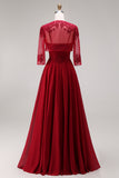 Burgundy Appliqued Beaded A Line Prom Dress with Cape