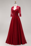 Burgundy Appliqued Beaded A Line Prom Dress with Cape