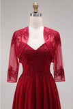 Burgundy Appliqued Beaded A Line Prom Dress with Cape