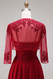 Burgundy Appliqued Beaded A Line Prom Dress with Cape