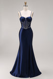 Navy Satin Corset Ruched Mermaid Long Prom Dress
