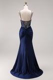 Navy Satin Corset Ruched Mermaid Long Prom Dress