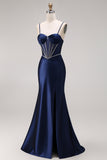 Navy Satin Corset Ruched Mermaid Long Prom Dress