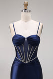 Navy Satin Corset Ruched Mermaid Long Prom Dress