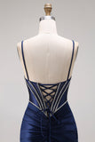 Navy Satin Corset Ruched Mermaid Long Prom Dress