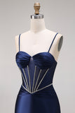 Navy Satin Corset Ruched Mermaid Long Prom Dress