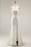 White Green Flower Mermaid Spaghetti Straps Corset Long Prom Dress with Slit