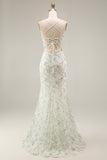 White Green Flower Mermaid Spaghetti Straps Corset Long Prom Dress with Slit