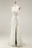 White Green Flower Mermaid Spaghetti Straps Corset Long Prom Dress with Slit