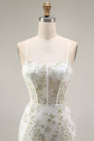 White Green Flower Mermaid Spaghetti Straps Corset Long Prom Dress with Slit
