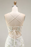 White Green Flower Mermaid Spaghetti Straps Corset Long Prom Dress with Slit
