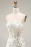 White Green Flower Mermaid Spaghetti Straps Corset Long Prom Dress with Slit