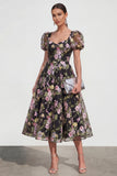 Black Pink Flower Sequin A Line Wedding Guest Dress with Puff Sleeves