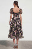 Black Pink Flower Sequin A Line Wedding Guest Dress with Puff Sleeves