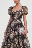 Black Pink Flower Sequin A Line Wedding Guest Dress with Puff Sleeves