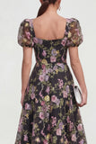 Black Pink Flower Sequin A Line Wedding Guest Dress with Puff Sleeves