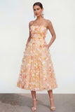 Champagne A Line Strapless Wedding Guest Dress with 3D Flowers