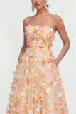Champagne A Line Strapless Wedding Guest Dress with 3D Flowers