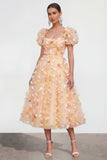 A Line Champagne Floral Wedding Guest Dress with Puff Sleeves