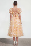 A Line Champagne Floral Wedding Guest Dress with Puff Sleeves