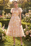 A Line Champagne Floral Wedding Guest Dress with Puff Sleeves