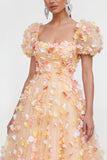A Line Champagne Floral Wedding Guest Dress with Puff Sleeves