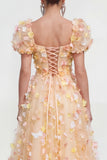 A Line Champagne Floral Wedding Guest Dress with Puff Sleeves