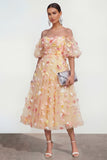 Off The Shoulder Champagne 3D Flowers A Line Midi Wedding Guest Dress with Puff Sleeves