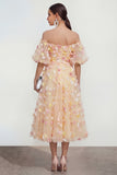 Off The Shoulder Champagne 3D Flowers A Line Midi Wedding Guest Dress with Puff Sleeves