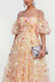 Off The Shoulder Champagne 3D Flowers A Line Midi Wedding Guest Dress with Puff Sleeves