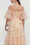 Off The Shoulder Champagne 3D Flowers A Line Midi Wedding Guest Dress with Puff Sleeves