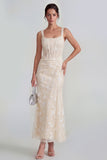 Floral Pink Corset Square Neck Sheath Midi Wedding Guest Dress